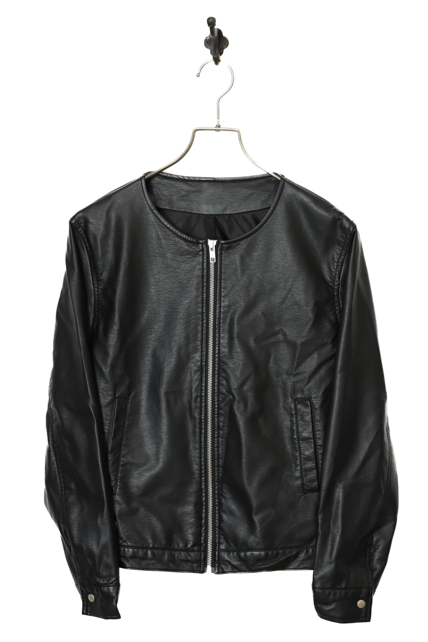 VINTAGE COLLARLESS FAKE LEATHER JACKET/M