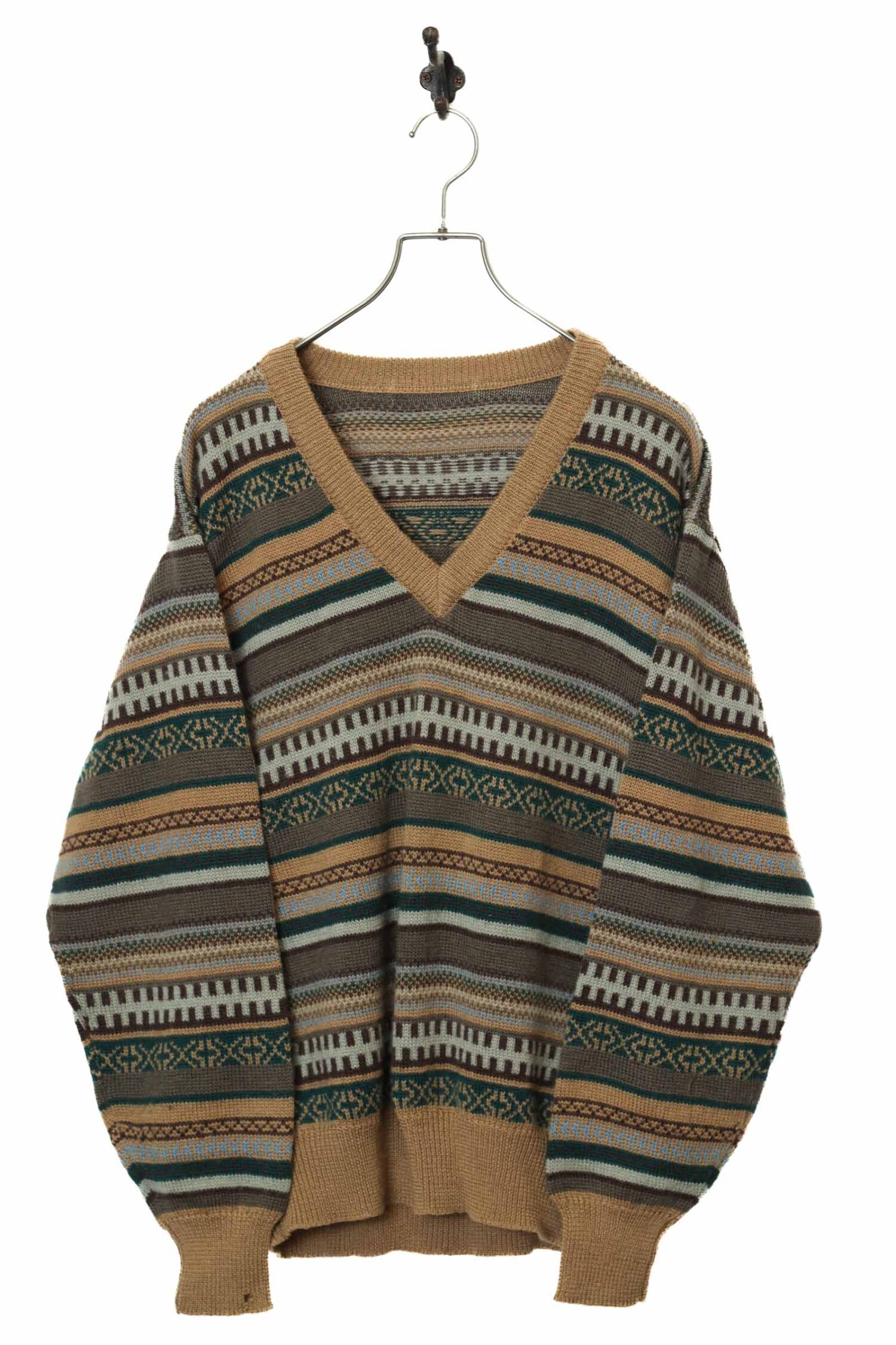 VINTAGE PATTERN V-NECK KNITED SWEATER/XL