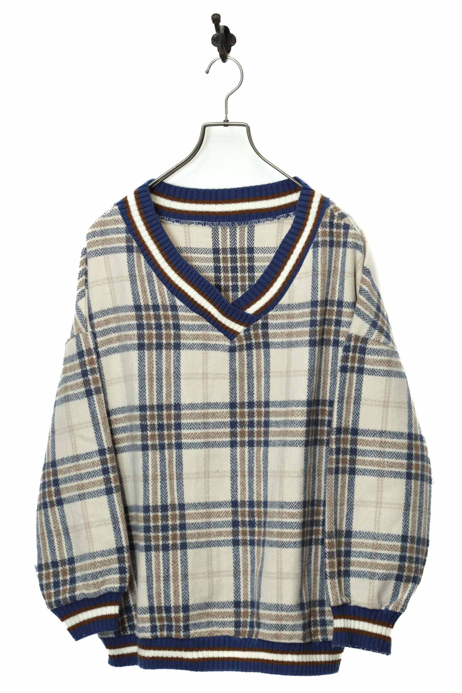 VINTAGE V-NECK CHECK PATTERN KNITED SWEATER/L