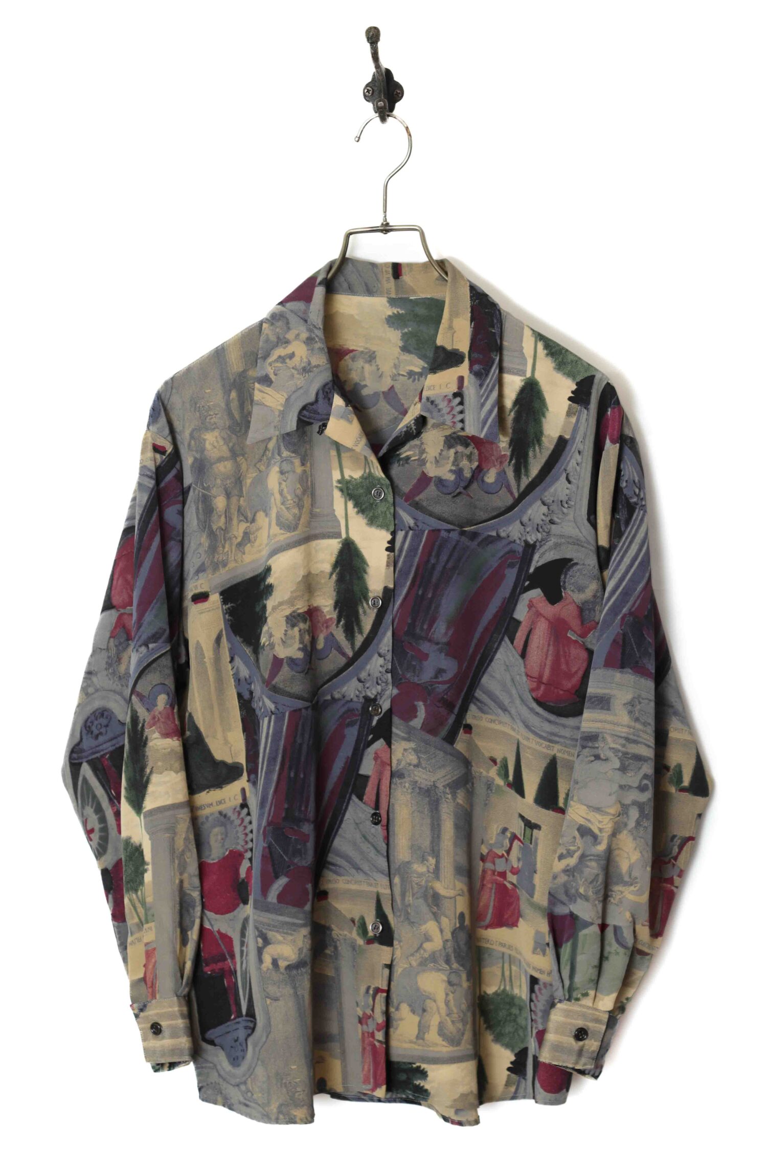 VINTAGE PRINTED OPEN COLLAR SHIRT/L
